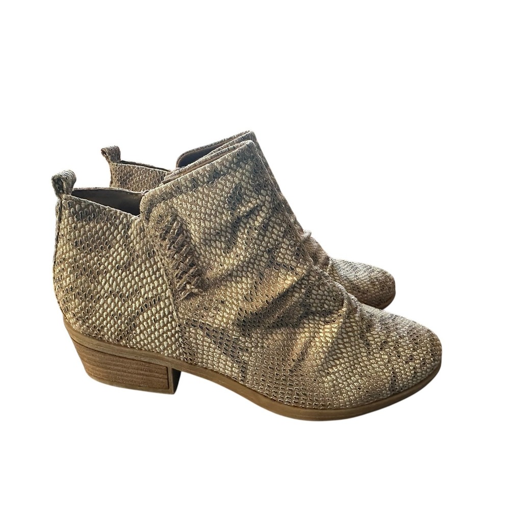 Women's Tan Snake Print Ruched Ankle Boots Side Zip Low Heel Size 8